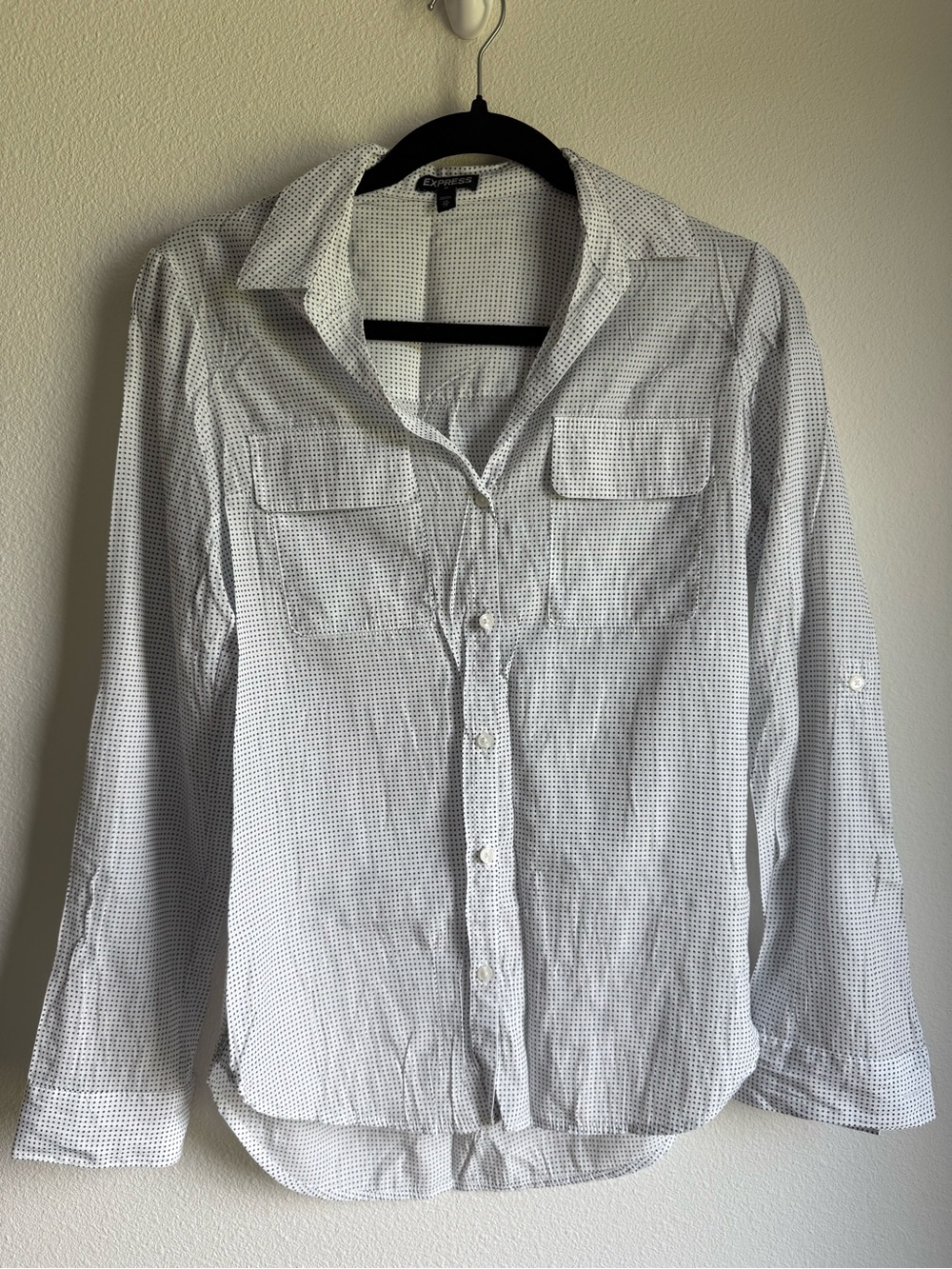 Express Portofino White Button-Down Shirt with Tiny Blue Dot Pattern